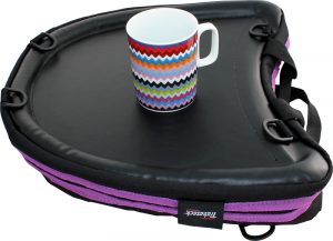 Image is a photograph of the Trabasack Curve with purple trim with a zig-zag patterned china mug on the tray surface
