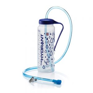 Image is a photograph of the Hydrant drinks bottle, decorated with blue water drop pattern, with a drinks tube on a white background