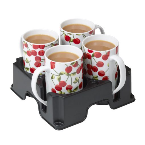 Plastic Muggi multi-cup tray holding four cups decorated with cherries
