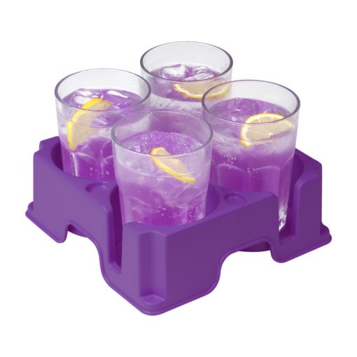 Plastic Muggi multi-cup tray in purple, holding 4 glasses of purple juice with slices of lemon