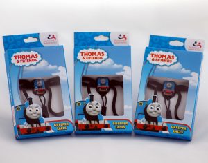Photograph shows three packets of Thomas the Tank Engine themed Greeper shoe laces