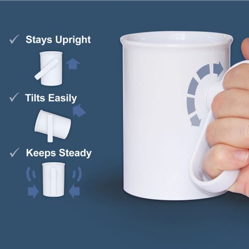 image shows blue background with white handsteady mug includes text key points "Stays Upright. Tilts Easily. Keeps Steady"