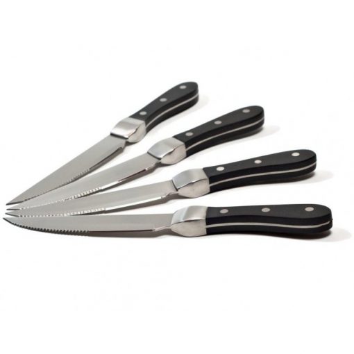 Photograph shows a set of 4 Knork Steak Knives fanned-out on a white background