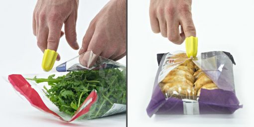 Two images side-by-side, showing the Nimble attached to an index finger, slicing open a bag of salad on the left, and a packet of sausage rolls on the right