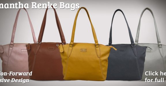 Image shows 5 Sam Renke handbags lined-up next to each other, in Rose Gold, Chesnut, Mustard, Navy and Silver. Text reads "Sam Renke Bags. Fashion-forward, inclusive desing. Click here for full range"