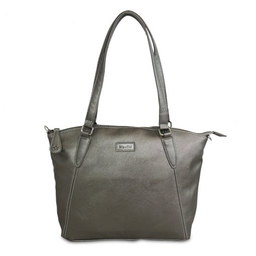 Image shows a photograph of a ladies shoulder bag in Metallic Grey on a white background