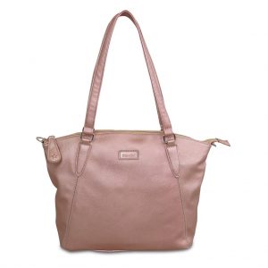 Image shows a photograph of a ladies shoulder bag in a soft Rose Gold colour, on a white background