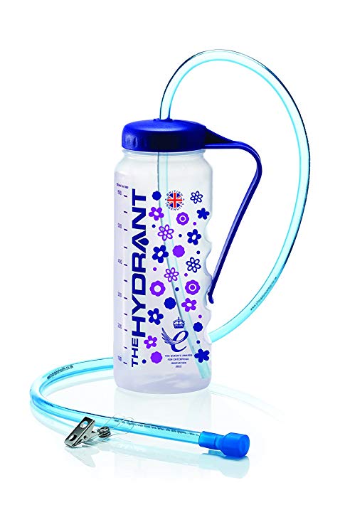 Image is a photograph of the Hydrant maternity drinks bottle with a floral design, with drinking tube on a white background