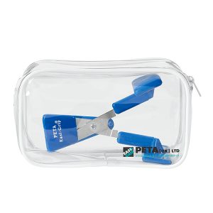 Image is a photograph of a pair of sheathed table top scissors inside the clear plastic zip-up storage case