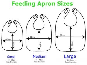 Image shows a diagram of the feeding apron sizes. Text and illustrations read: "Small 33cm wide. 36cm length. Neck diameter 34-39cm. Medium 44cm length 34cm wide Neck diameter 40-45cm. Large 60cm length, 38cm wide, neck diameter 50-55cm."