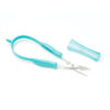 Image is a photograph of the Peta-UK Mini Easi-Grip scissors with a turquoise handle on a white background