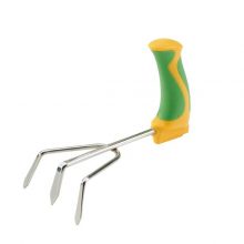 Image is a photograph of a easi-grip garden cultivator with a green and yellow 90 degree handle, on a white background