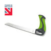 Image shows a photograph of the easi-grip bread knife with green and back angled handle, on a white background with a logo of the Union Flag in the top lefthand corner with text that reads: "Made in Britain".