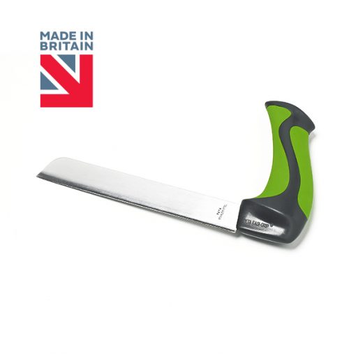 Image is a photograph of the easi-grip carving knife on a white background, with a Union Flag logo in the top lefthand corner with text that reads : "Made in Britain".