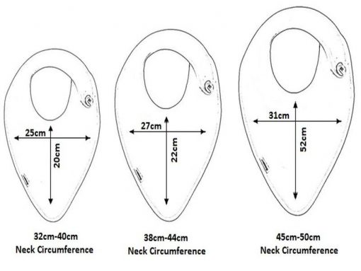 Image is a diagram to explain the sizes of the jersey kerchiefs. Text reads: "Small width 25cm, length 20cm, neck circumference 32-40cm. Medium width 27cm, length 22cm, neck circumference 38-44cm. Large width 31cm, length 52cm, neck circumference 45-50cm."