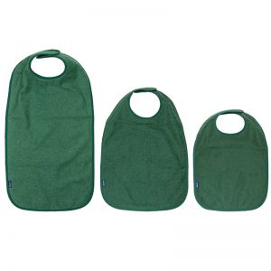 Image shows a photograph of three sizes of cotton apron, left-to-right from large to small, in a Racing Green colour