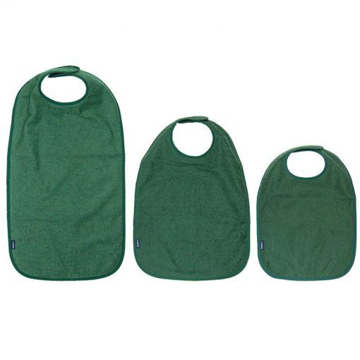 Image shows a photograph of three sizes of cotton apron, left-to-right from large to small, in a Racing Green colour