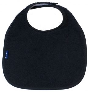 Image shows a photograph of a black, cotton towelling dribble bib lay flat on a white background