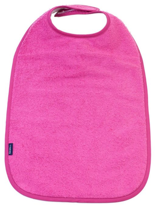 Image shows a photograph of the Seenin Children's Cotton Towelling Bib in Cerise Pink with a white background