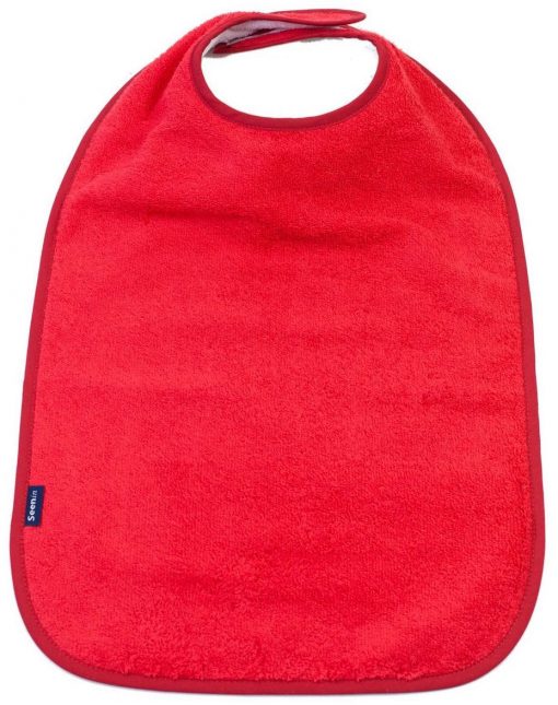 Image shows a photograph of the Seenin Children's Cotton Towelling Bib in red with a white background