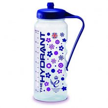 Image is a photograph of the Hydrant water bottle with floral pattern in blue and purple, on a white background