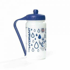 Image is a photograph of the Hydrant sports water bottle featuring a design of blue water drops on a white background