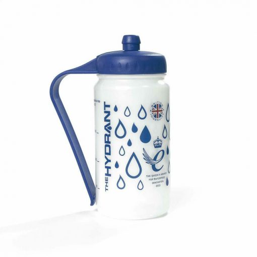 Image is a photograph of the Hydrant sports water bottle featuring a design of blue water drops on a white background