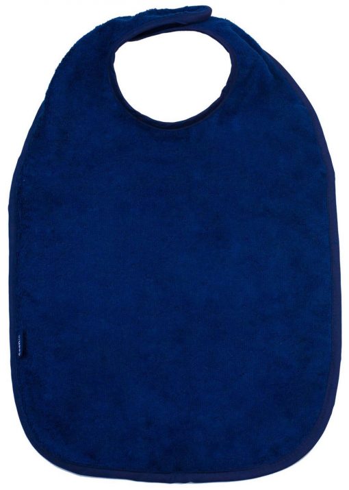 Image shows a photograph of a soft, navy blue bamboo towelling apron on a white background