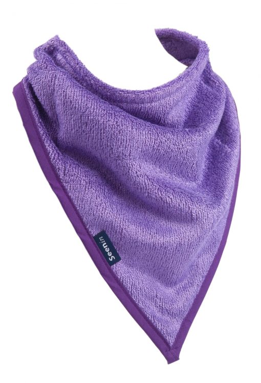 Image shows a photograph of a purple bamboo towelling kerchief as if fixed around the neck, on a white background