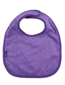 Image shows a photograph of a purple bamboo towelling dribble bib lay flat on a white background