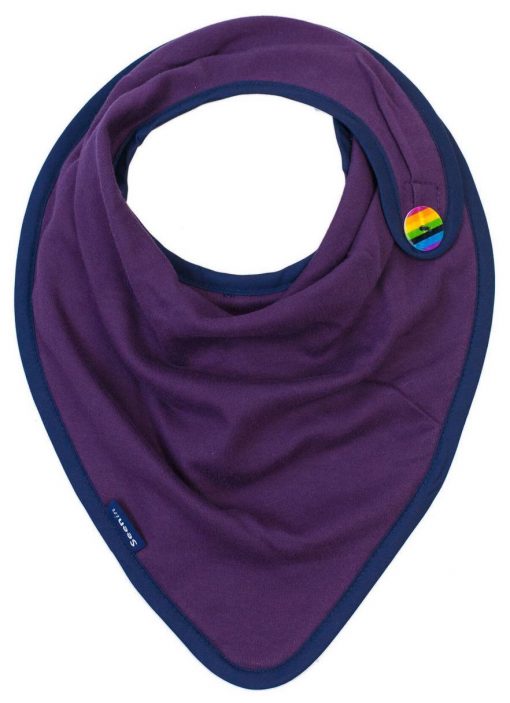 Image shows a photograph of a plum-purple coloured kerchief with a striped button in rainbow colours, sewn on to one side.