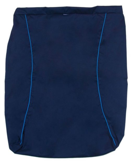 Image is a photograph of the Seenin waterproof leg cover in navy blue colour, lay flat on a white background
