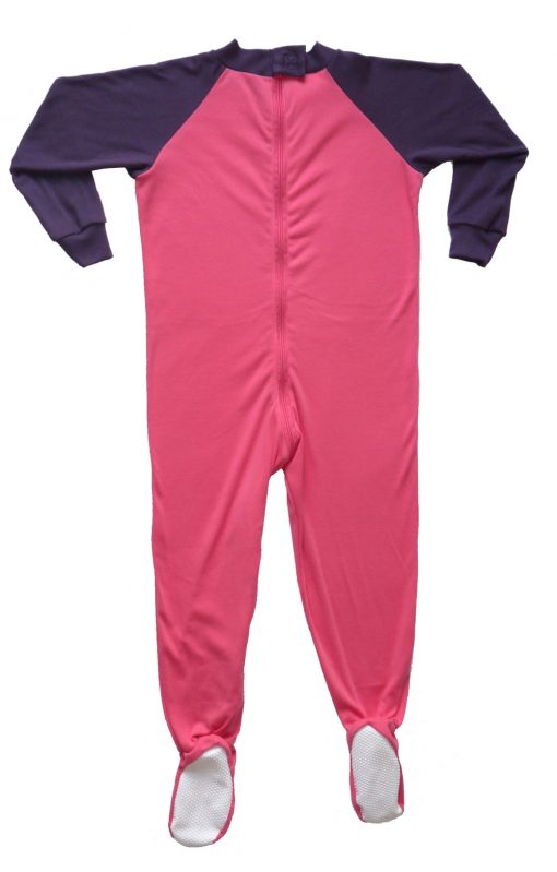 Image shows a photograph of a Seenin sleepsuit lay flat on a white background, illustrating the gripper feet and back zip, on a pink and purple sleepsuit