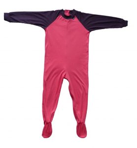 Image shows a photograph of a Seenin sleepsuit lay flat on a white background in colours of pink and purple