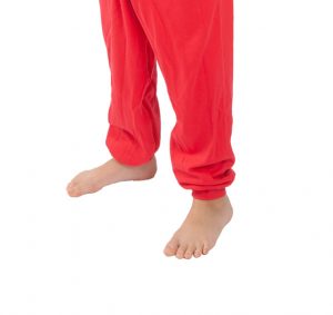 Image shows a photograph of the lower-legs of a boy wearing a footless Seenin sleepsuit in red