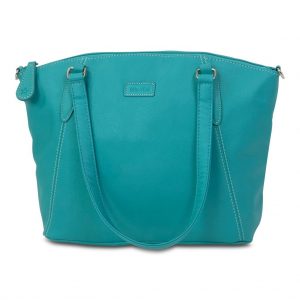 Image shows a side view of the Sam Renke handbag in a teal colour, on a white background.