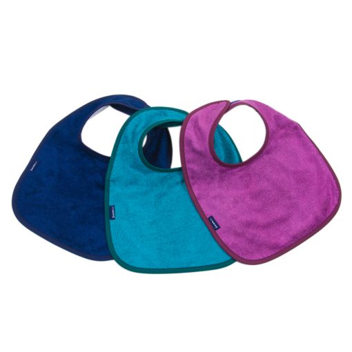 Image shows a photograph of 3 bamboo towelling dribble bibs in the colours navy blue, turquoise and pink, lay flat in a fan-shape on a white background