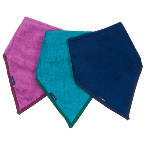 Image shows a photograph of 3 bamboo towelling kerchiefs in the colours pink, turquoise and navy blue, lay flat in a fan-shape on a white background