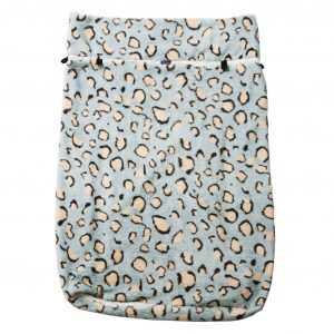 Image shows a photograph of a fleece wheelchair leg cover in "Blue Leopard" design, featuring a light blue background with beige and black leopard print spots.