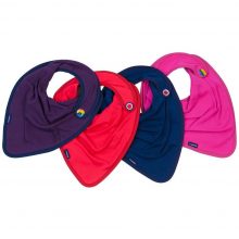 Image shows a photograph of 4 jersey kerchiefs in the colours plum, red, navy blue and cerise pink, lay flat in a fan-shape on a white background
