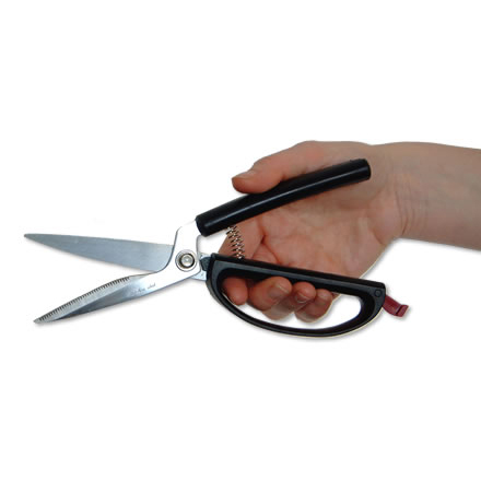 Image shows a photograph of a hand holding a pair of black self-opening scissors