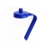 Image is a photograph of a blue plastic sports-cap lid with a clip-handle on a white background.