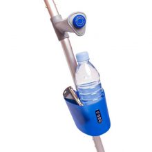 Image is a photograph of the central area of an elbow crutch, with a Buckingham crutch pod attached carrying a small bottle of water and a mobile phone