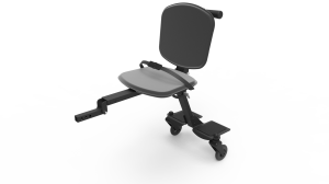 Image is a photograph of the Skoe Hitch in all black. Chassis of the Skoe Hitch is black aluminium and the seat, backrest and wheels are also black.