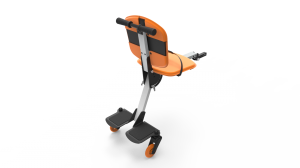 Image is a photograph showing the back of a Skoe Hitch in orange, illustrating the footplate for larger children, and the chair for smaller children.