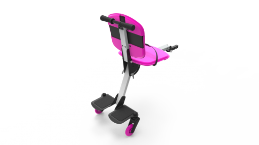 Image is a photograph showing the back of a Skoe Hitch in pink, illustrating the footplate for larger children, and the chair for smaller children.