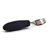 Image is a photograph of a stainless steel Knork with a black foam handle on a white background