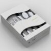 Image is a photograph of the 20 piece Knork cutlery set in packaging box