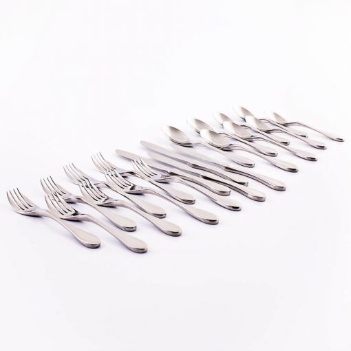 Image is a photograph of the 20 pieces of Knork cutlery lay flat on a white background
