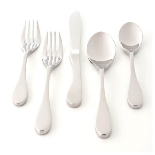Image is a photograph of a Knork, salad Knork, knife, dessert spoon and tea spoon lay flat on a white background